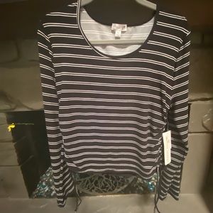 Waist-length, long-sleeve, scoop neck, black/white striped top.